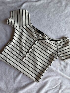 Striped Off-Shoulder Button-Front Bodysuit - Black & White